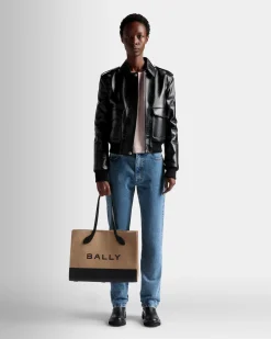 Bar Tote Bag In Sand And Black Fabric