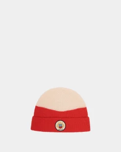 Beanie With a Bally Crest Logo in Candy Red and Ivory Wool