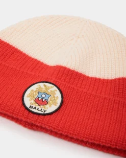 Beanie With a Bally Crest Logo in Candy Red and Ivory Wool