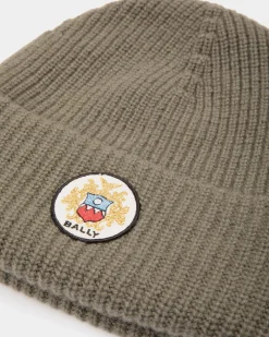 Beanie With Bally Crest Logo In Military Green Cashmere