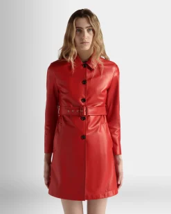 Belted Midi Coat in Candy Red Leather
