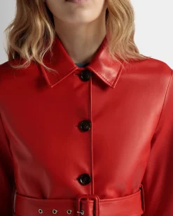 Belted Midi Coat in Candy Red Leather