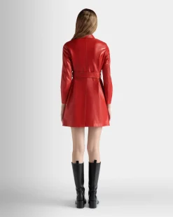 Belted Midi Coat in Candy Red Leather