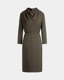 Belted Midi Dress In Military Green Fluid Twill