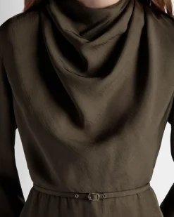 Belted Midi Dress In Military Green Fluid Twill