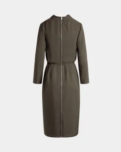 Belted Midi Dress In Military Green Fluid Twill