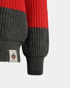 Crewneck Sweater With Bally Crest Logo In Candy Red And Dark Grey Wool