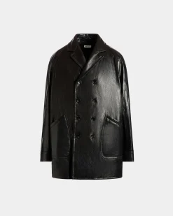 Double-breasted Coat In Black Leather