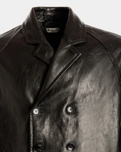 Double-breasted Coat In Black Leather