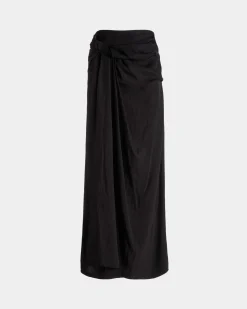 Draped Long Skirt In Black Fluid Twill