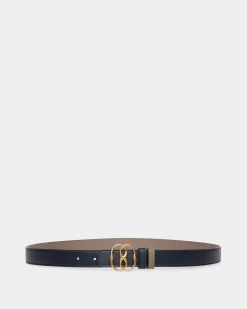 Emblem 25mm Reversible Belt in Navy Blue And Taupe Leather
