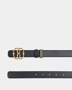 Emblem 25mm Reversible Belt in Navy Blue And Taupe Leather