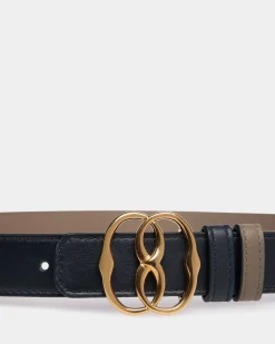 Emblem 25mm Reversible Belt in Navy Blue And Taupe Leather