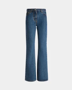 Flared Denim Pants in Medium Blue Cotton