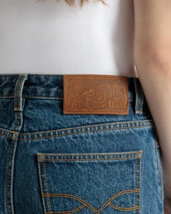 Flared Denim Pants in Medium Blue Cotton