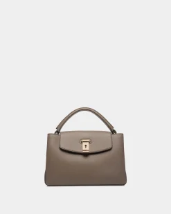 Lock Me Small Top Handle Bag In Taupe Grained Leather