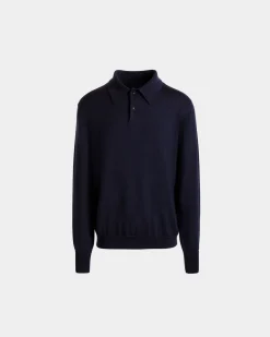 Long Sleeve Polo With Bally Crest Logo in Navy Blue Cashmere Blend
