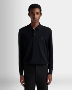 Long Sleeve Polo With Bally Crest Logo In Navy Blue Wool