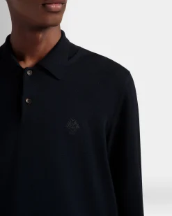 Long Sleeve Polo With Bally Crest Logo In Navy Blue Wool