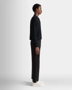 Long Sleeve Polo With Bally Crest Logo In Navy Blue Wool