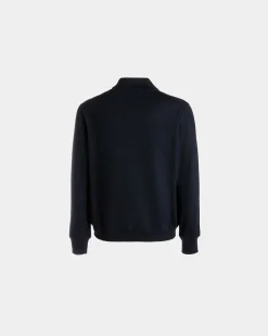 Long Sleeve Polo With Bally Crest Logo In Navy Blue Wool