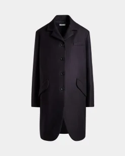 Single-Breasted Midi Coat In a Navy Blue Wool Blend
