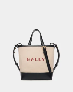 Summer Capsule Small Tote Bag In Natural And Navy Blue Canvas And Leather