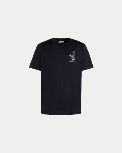 T-Shirt With Mountain Flower Print In Navy Blue Cotton