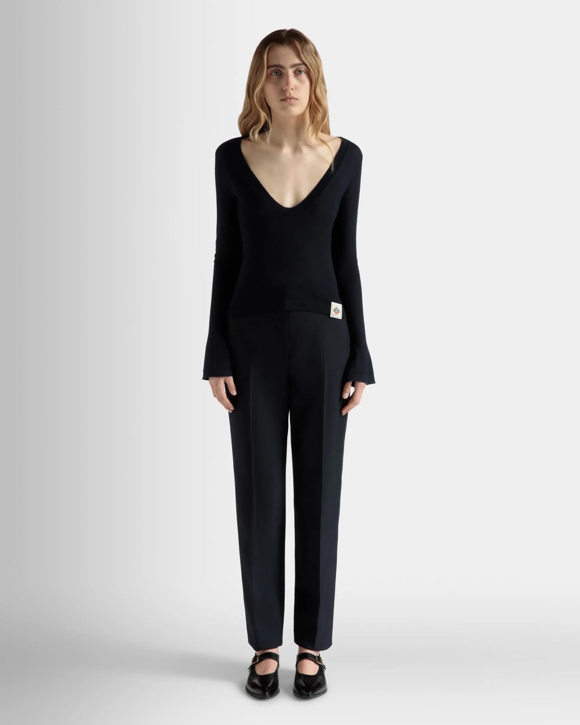 V-Neck Knit Top in Navy Blue Cashmere