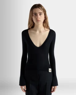 V-Neck Knit Top in Navy Blue Cashmere